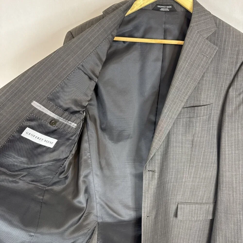 Geoffrey Beene Super‎ 100’s Wool Blazer 42L Gray Pinstripe 2 Button Sport Coat